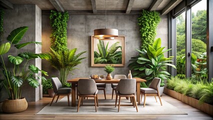Obraz premium Modern Tropical Dining Room Interior Design Featuring an Empty Frame Mockup Against a Concrete Wall Surrounded by Lush Greenery for a Fresh and Inviting Atmosphere