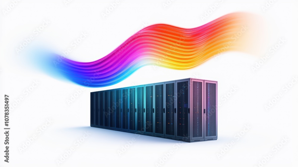 Poster data center with colorful wave patterns, showcasing modern server technology on a white isolated bac