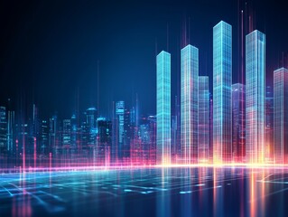 Architectural Blueprint of High-Rise Building with Digital Lines and Technical Elements on Dark Blue Background