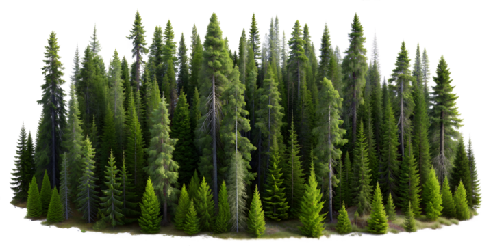 Collection of lush evergreen pine forest trees (Douglas Fir, Pine, Spruce, Hemlock, Cedar, Redwood). PNG, isolated on transparent background with clipping path cutout.