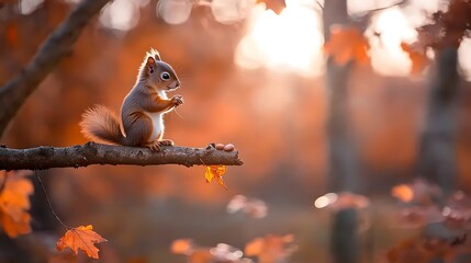 A red squirrel perched on a branch in a forest during autumn, enjoying a nut as the sun shines through the leaves.