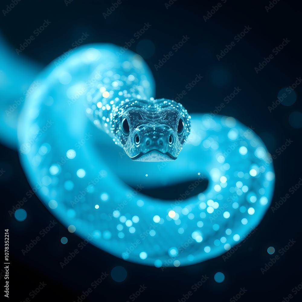 Poster a vigorously slithering snake disappearing into glowing particles, perfect for evoking mysterious an