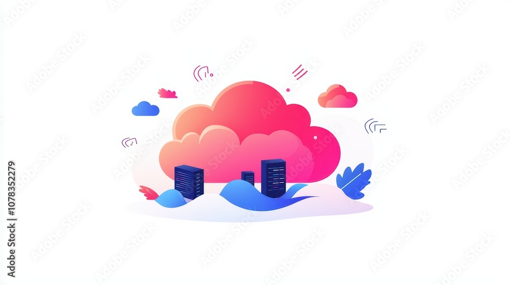 Poster digital cloud computing concept with servers and stylized clouds, isolated on white background.