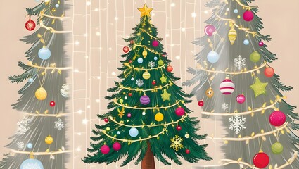Decorated christmas tree with ornaments and lights, PNG style, transparent background for festive holiday designs
