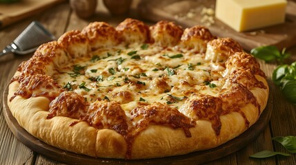 This close-up features a cheese-stuffed crust pizza, overflowing with melted cheese and garnished with fresh herbs. The rustic wooden table adds a cozy touch to the appetizing display