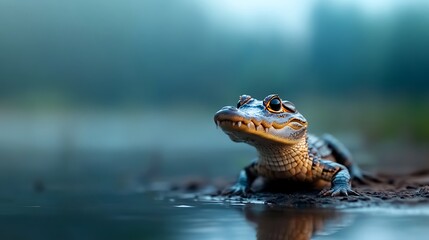 Fototapeta premium A small alligator with brown and black scales sits on the edge of a pond looking up at the camera.