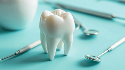 dental health, tooth model, dental tools on turquoise background, dental care, hygiene concept, oral health, healthcare education, dentist tools, dental practice, tooth examination