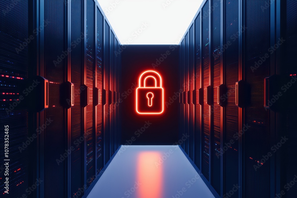 Poster digital security concept with a glowing padlock in a server room.