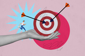 Composite photo collage of astonished man run human hand arrow darts target success development aim...