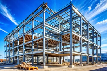 Steel Frame Commercial Building Under Construction Against Clear Blue Sky with Modern Architectural Elements and Exposed Framework Highlighting Urban Development and Engineering Progress