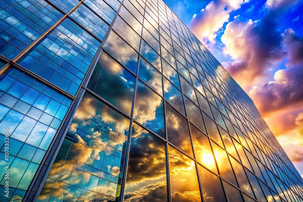 Poster stunning glass facade of a skyscraper reflecting a beautiful sky and fluffy clouds with a clear copy
