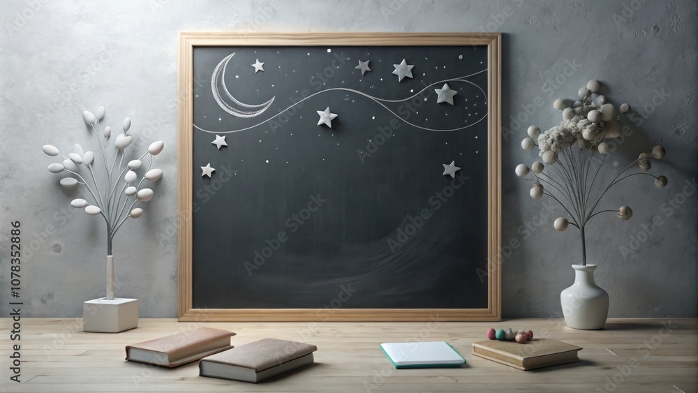 Poster surreal composition of a clean blackboard and eraser on a pristine white background, capturing a min