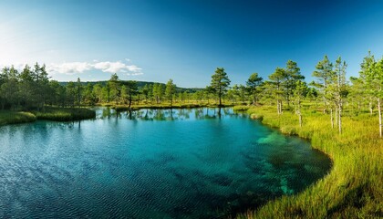 Fototapeta premium A picturesque lake with crystal-clear water surrounded by newly planted trees and thriving wetland vegetation.