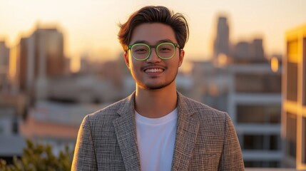 Obraz premium Confident young politician at sunset with urban skyline background for professional use