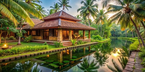 Fototapeta premium Tranquil Ayurvedic Spa Retreat in Kerala Featuring Natural Hair Oil Production Surrounded by Lush Greenery and Traditional Architecture in a Serene Environment