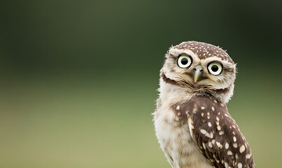 A small owl with large, round eyes looks directly at the camera with a curious expression.