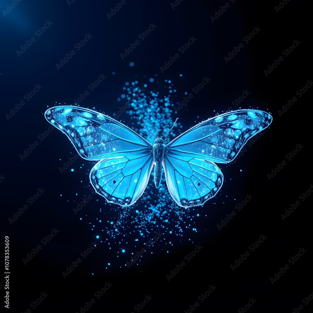 Poster A Vibrant Butterfly Disintegrating into Sparkling Particles: A Stunning Visual Representation of Transformation and Change