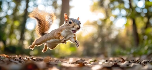 Naklejka premium A squirrel leaps through the air in a forest.