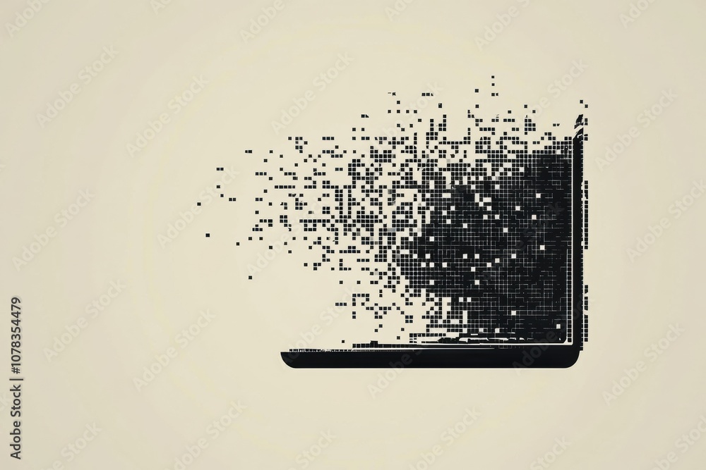 Leinwandbilder A laptop transitions into pixel elements, illustrating digital disintegration and modern technology concepts in a minimalist design. Generative AI