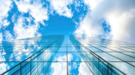 Bottom view of two glass skyscrapers against a blue sky, capturing reflections and the urban atmosphere