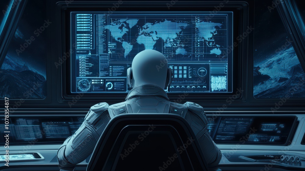 Poster futuristic control room with a humanoid figure monitoring global data on large screens.