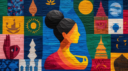 Vibrant mural of a woman meditating surrounded by cultural symbols from Asia, Africa, and Europe, representing mental resilience and global unity