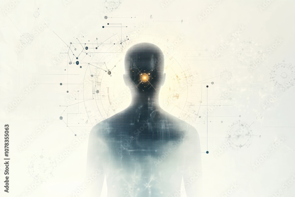 Leinwandbilder a human silhouette stands against a backdrop of intricate molecules and diagrams, symbolizing the fu