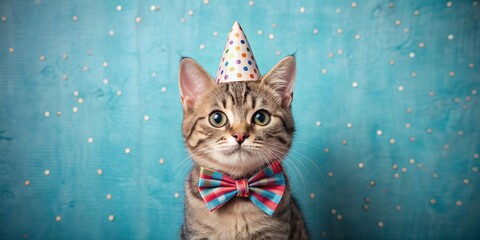 Feline Birthday Celebration - Cat in Party Hat and Bowtie, Blue Background, Confetti ,cat birthday, birthday cat, cute cat