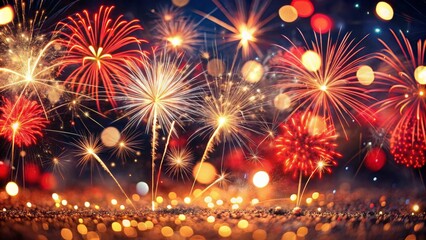Fireworks Display with Golden Bokeh and Glitter, Celebration, Festive, Holiday