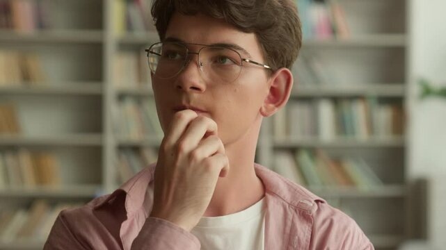Thinking pensive thoughtful ponder serious think idea puzzled decide plan solution Caucasian teen man teenage male teenager guy boy student schoolboy pupil studying education library school university