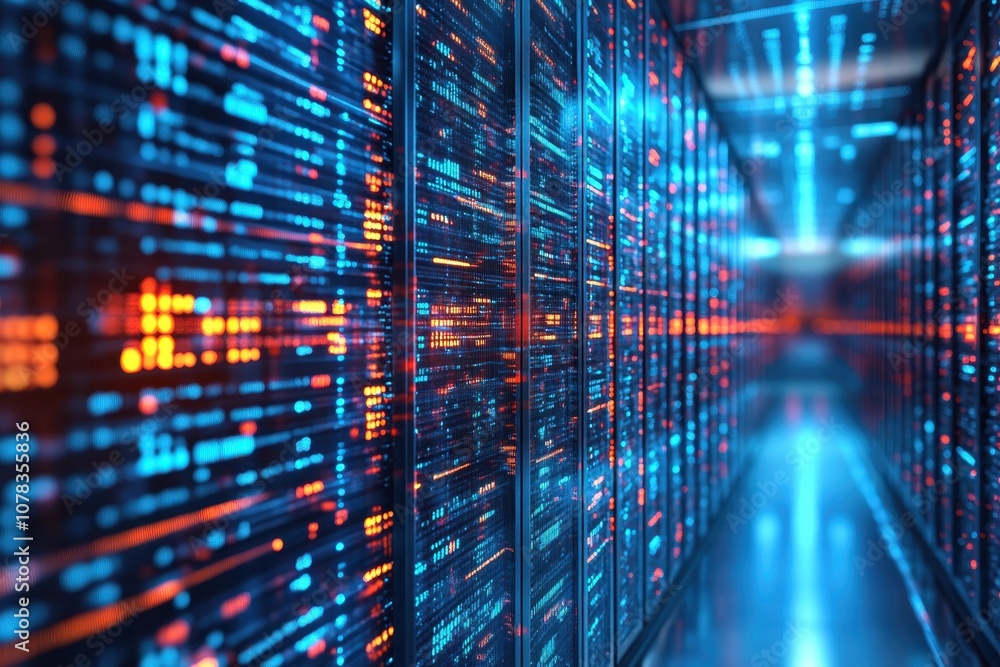 Poster a corridor of illuminated servers in a modern data center showcasing digital technology at night
