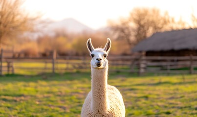 Fototapeta premium A white llama with big ears stares at the camera in a field with a wooden fence and a thatched roof building in the background.