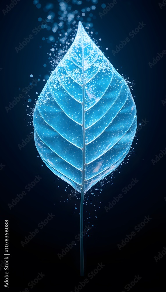 Poster A Captivating Close-up of a Vigorous Leaf Dissolving into Particles with Glowing Effects for Ethereal Designs