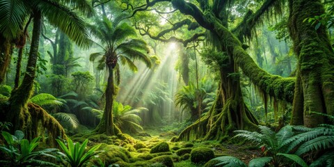 Sunlight Dappled Through a Lush Jungle Canopy, Palm Tree, Dense Vegetation, Forest Floor, Jungle, Tropical Forest, Rainforest