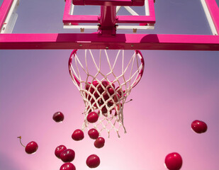 Red cherries falling into basketball hoop against pink sky