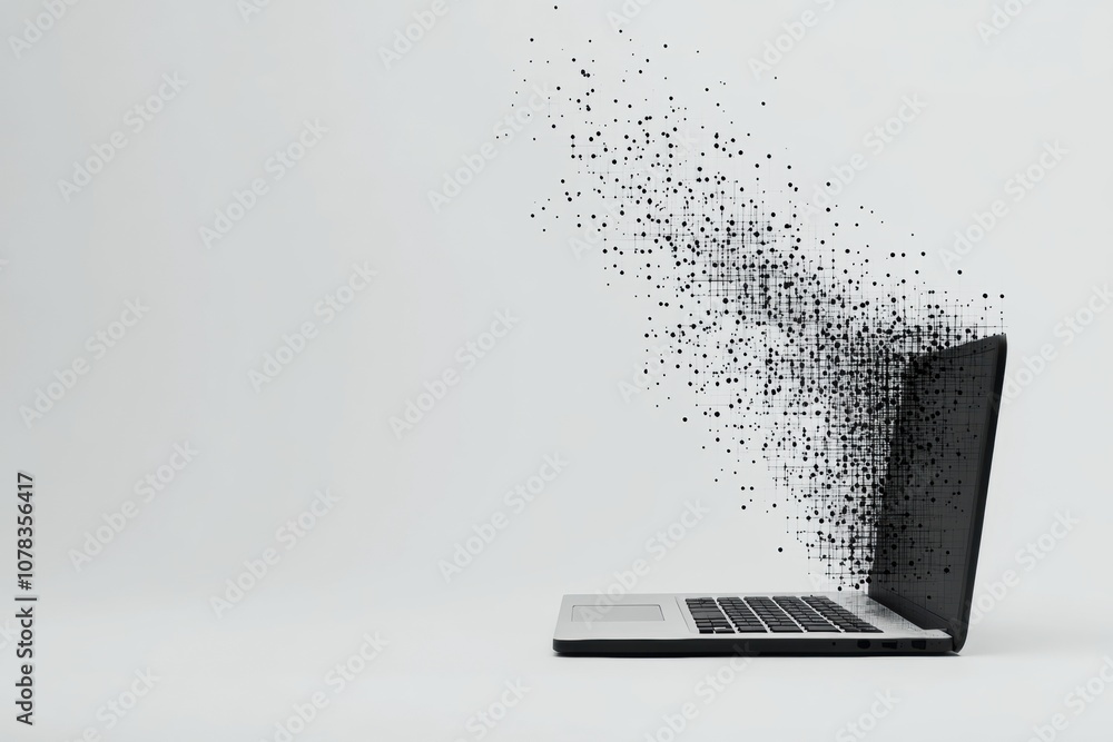 Leinwandbilder a sleek laptop releases pixel elements into the atmosphere, creating an artistic effect on a clean g
