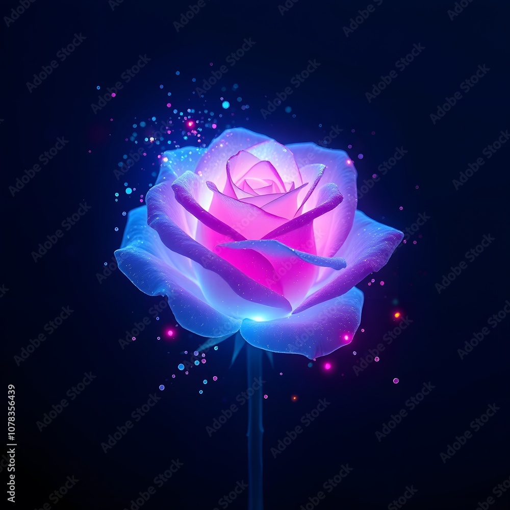 Poster A Vigorous Rose Dissolving with Glowing Particle Effects, Ideal for Creating Ethereal and Dreamy Visuals in Digital Art Projects