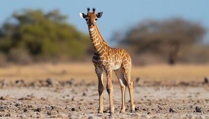 Obraz premium A young giraffe stands in the African savanna with a curious expression.