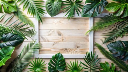 Tropical Leaves Frame on Wooden Background, Summer, Nature, Wood