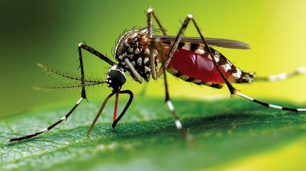Fototapeta premium Close-up of a mosquito with a red abdomen on a green leaf.