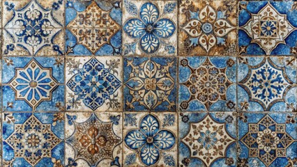 Vintage Blue and Brown Tile Mosaic, Geometric Pattern, Ornamental Design, Portuguese Tiles, Tiles, Mosaic, Art