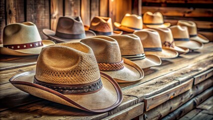 A Close-Up Perspective of a Stack of Vintage Straw Hats, Rustic Wooden Background, Rustic Texture, Old West, Cowboy, Hat Collection, straw hat