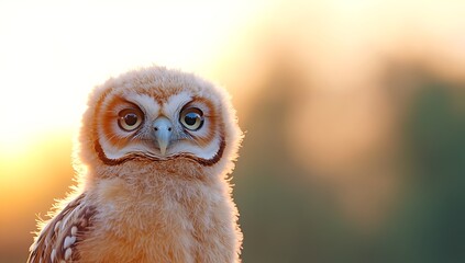 A young owl stares intently at the camera with a warm, golden glow behind it.