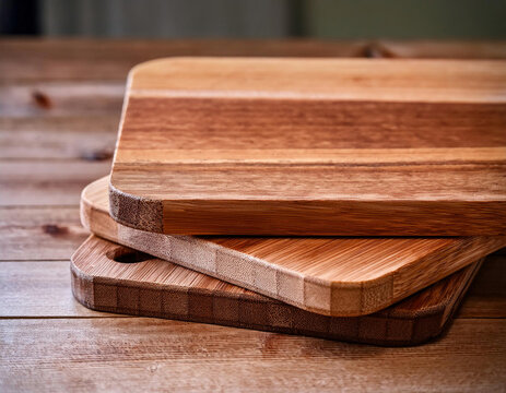 A collection of wooden cutting boards stacked together, showcasing different shapes and wood grains in warm tones.