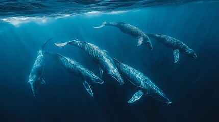 Fototapeta premium A pod of humpback whales swim together in the ocean.