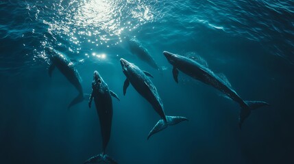 Obraz premium A pod of humpback whales swim in the deep blue ocean.