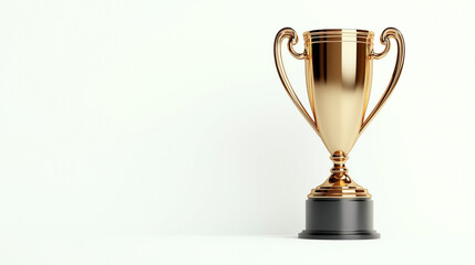 Fototapeta premium Golden trophy cup with handles on simple white background, representing achievement and victory in sports or competition, placed on a black base.