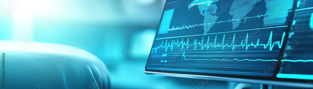 Aufkleber high-tech monitor displaying heart rate and world map in a medical environment.