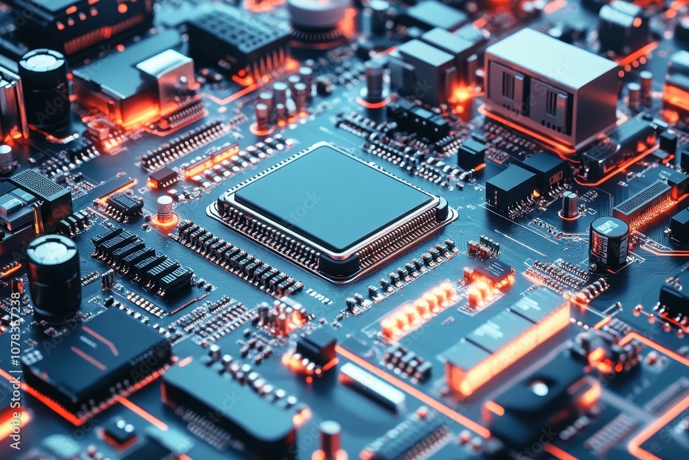 Poster close-up view of a computer circuit board with glowing components and intricate pathways