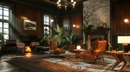 Fototapeta premium Living room with artificial fireplace, leather chairs and rug.